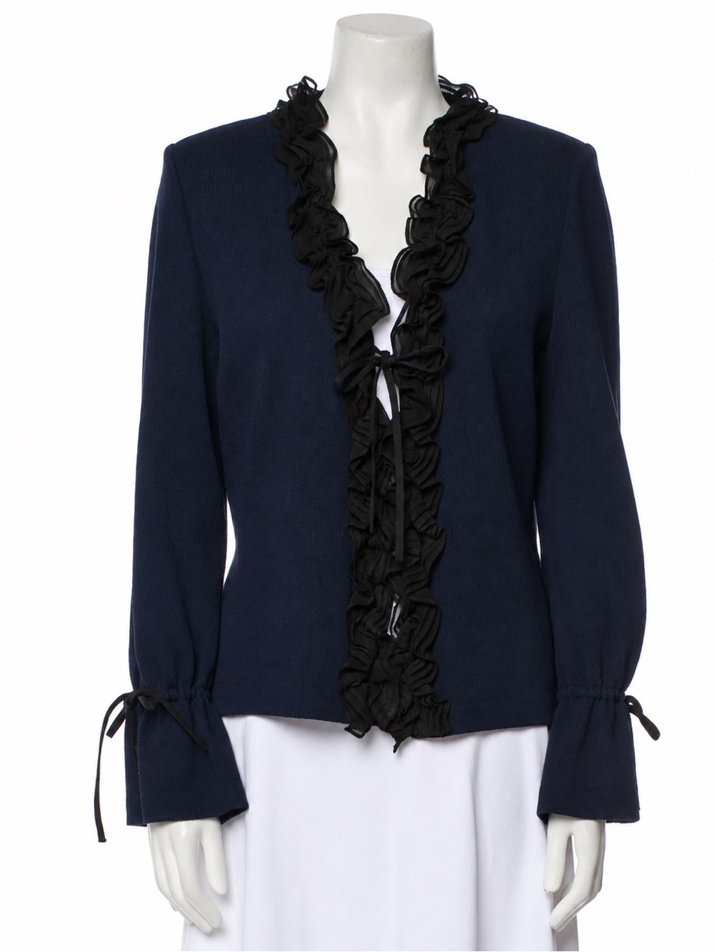 St. John Basics Black Ruffle Front Knit Jacket Cardigan Tie Cuff Size 10